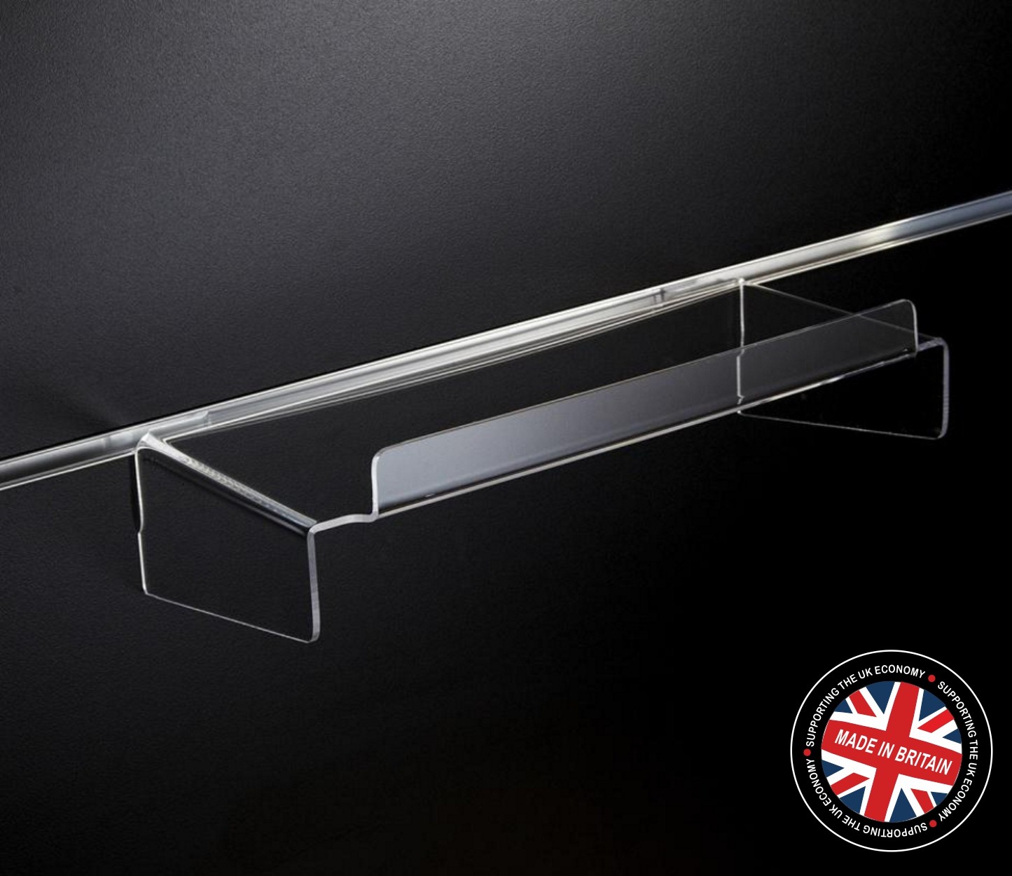 Clear Acrylic Slatwall Shelf with Supports and Lip 150mm Deep x 300mm