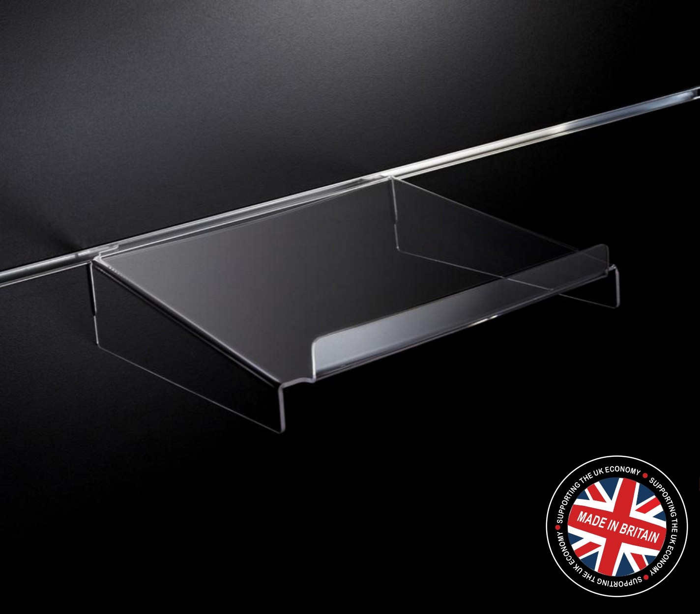 Clear Acrylic Slatwall Shelf with Supports and Lip 300mm Deep x 300mm